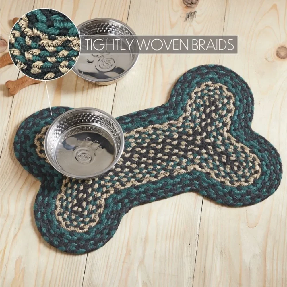 Farmhouse Green Black Cream Jute Braided Bone Shaped Dog Feeder Mat Pet